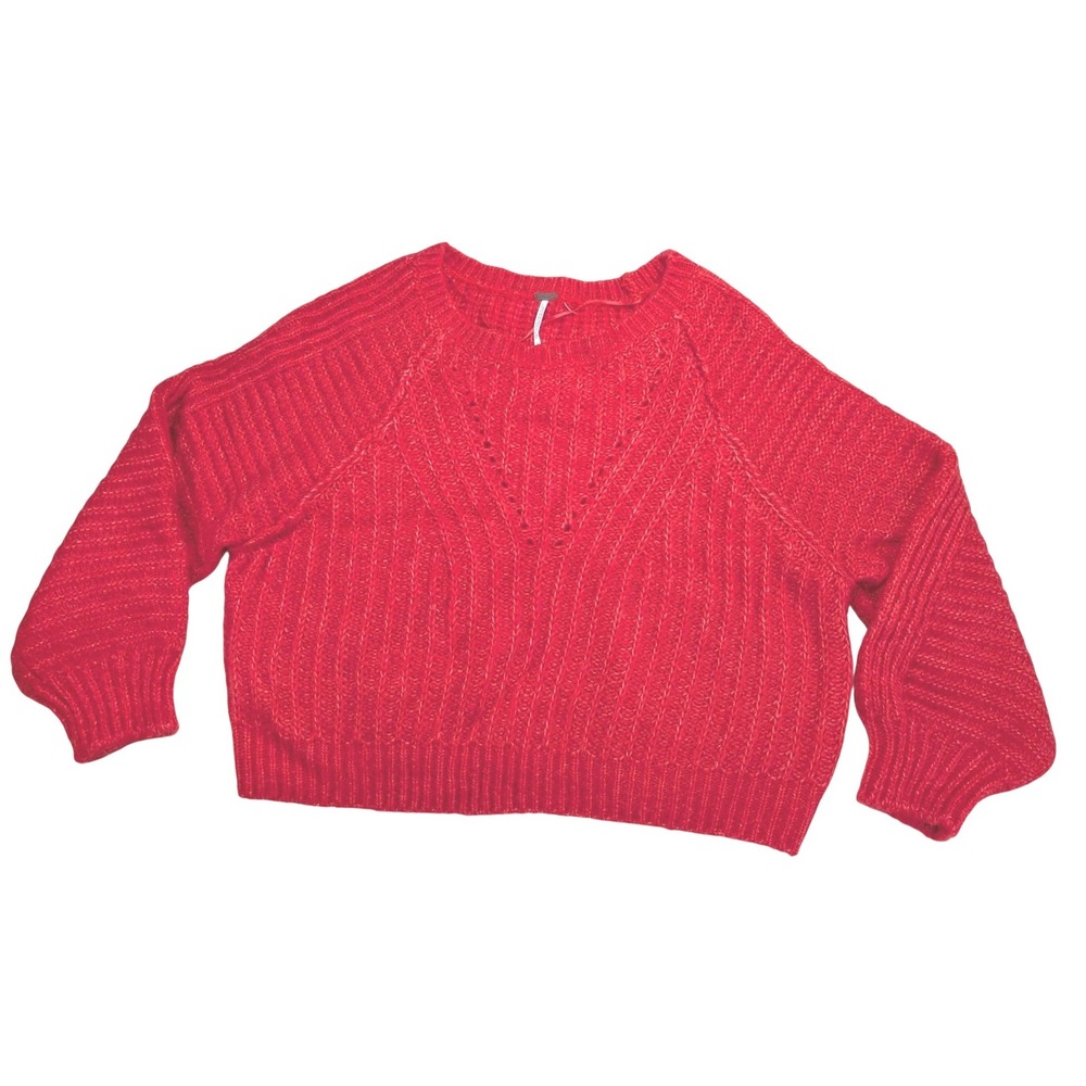 Free People Chunky Knit Sweater Womens L Red Pointelle Balloon Sleeve